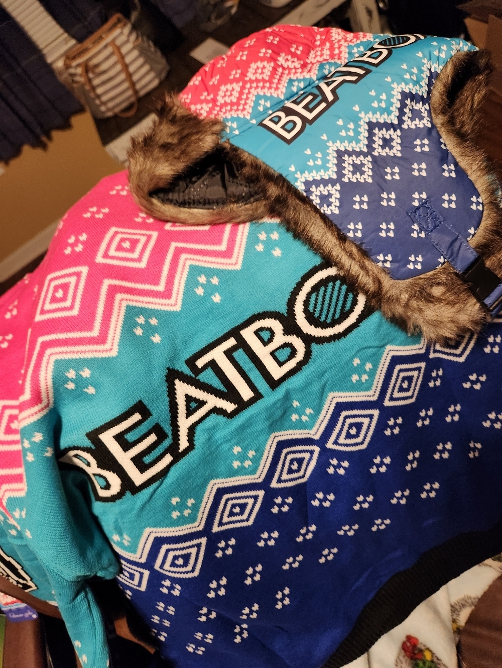 Beatbox Colorblock Knit Sweater with Matching Faux Fur Trim Hat